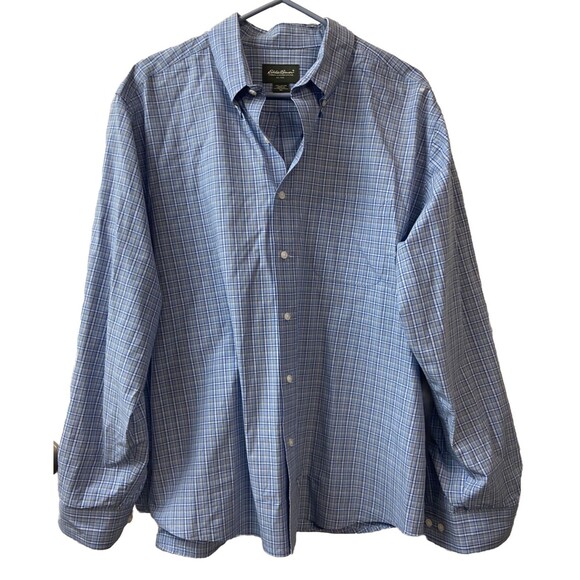 Eddie Bauer Outdoors Top Mens XL Blue  White Mini Plaid Button Down Shirt - Picture 1 of 7